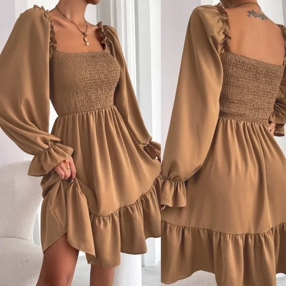 Shirred bust square neck long sleeve mini dress ruffle boho gypsy camel brown - Picture 4 of 11